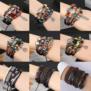 Kisswife ชุดสร้อยข้อมือหนังสีดำแนววินเทจสำหรับผู้ชายสร้อยข้อมือลูกปัดนกฮูกใบรูปสมอเรือ - Product Image 1