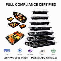 Plateau à sushi jetable en PET noir de différentes tailles, personnalisé en usine, avec couvercle anti-buée, conteneur à sushi japonais