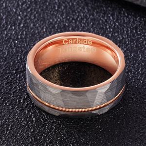 POYA-cuerda de guitarra de oro rosa con incrustaciones, anillo de tungsteno gris, 8mm, dos tonos martillados, banda de boda plana para hombre - Product Image 3