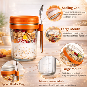Barattolo in <span class=keywords><strong>Vetro</strong></span> Riutilizzabile da 380ml per Overnight Oats <span class=keywords><strong>con</strong></span> Coperchio e Cucchiaio, Contenitore per Yogurt e Alimenti per Colazione e Dessert - Product Image 3