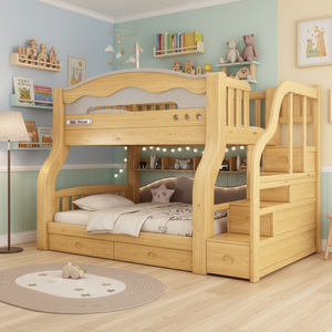 Muebles de Dormitorio con Diseño de Casa, Literas Infantiles de Madera Maciza con Almacenamiento Integrado, Acabado Natural, <span class=keywords><strong>Doble</strong></span> Plataforma para Espacio <span class=keywords><strong>Montessori</strong></span> - Product Image 6