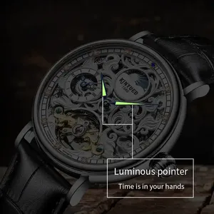 KINYUED J078 Montres-bracelets de luxe en cuir, phase de lune, étanches, ajourées, automatiques, mécaniques, pour hommes - Product Image 5