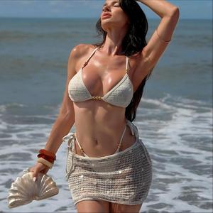 Conjunto de bikini de 3 piezas de ganchillo para mujer, traje de baño triangular con cuello halter, minifalda de malla de red, ropa de playa de verano al por mayor - Product Image 1