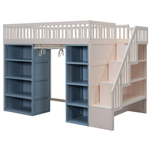 Cama alta infantil con estantería de almacenamiento y escalera, muebles de dormitorio en color blanco y azul para niños - Product Image 5