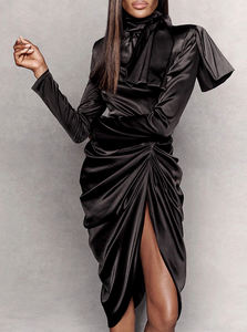 2024 özelleştirilmiş yüksek kaliteli kadın elbise siyah saten kurdele detay Midi elbiseler rahat yönlü Slim Fit parti elbise - Product Image 3