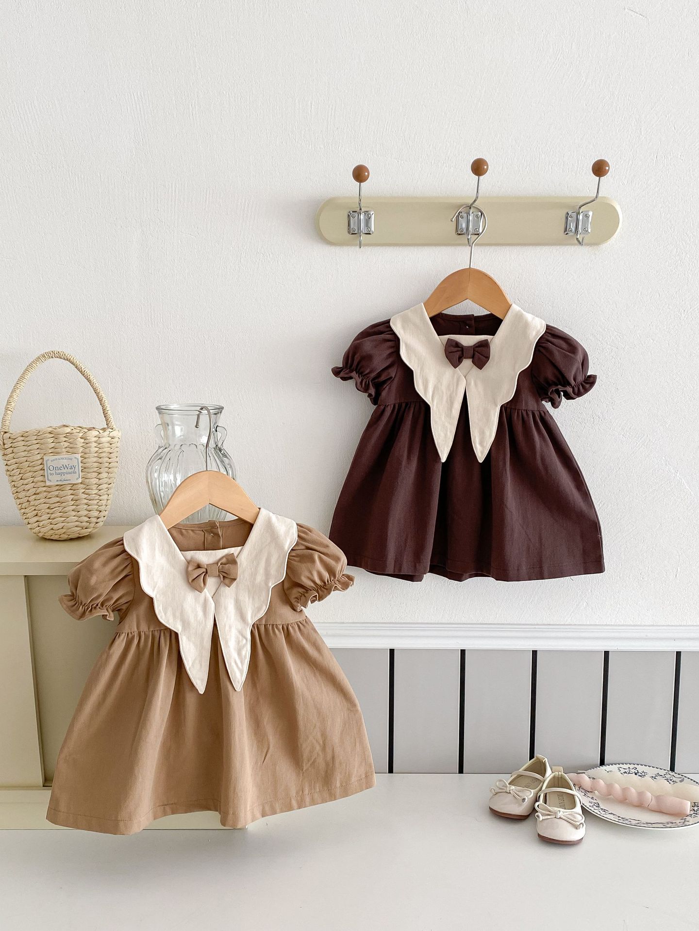 HANOU Solid Khaki Brown Infant Toddler Girls Puff Sleeve Dresses HANOU Solid Khaki Brown Infant Toddler Girls Puff Sleeve Dresses