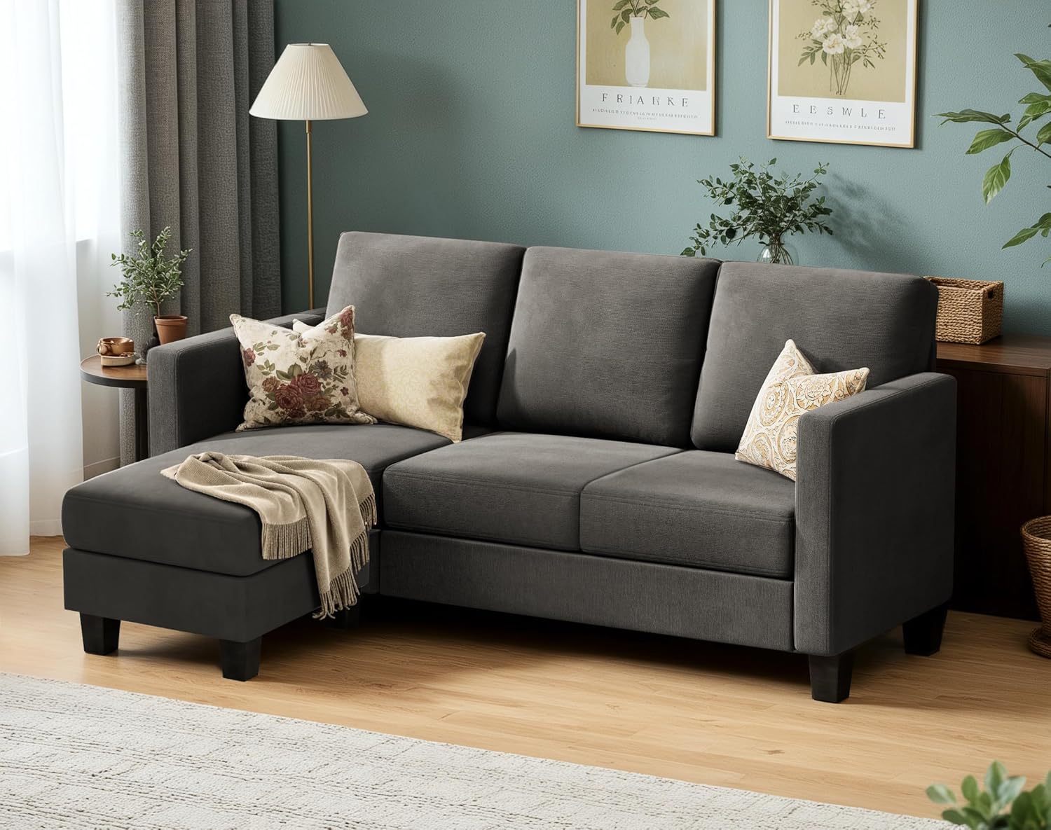 Hommoo Faux Leather 4-Seat L Shaped Couch Living Room Sofa Set, Sectional  Sofa Chaise Lounge, Modern Couch Sofa Set for Small Space, Black(No Ottoman)