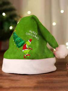 Gorro de Navidad de Felpa Suave con Estampado de Personajes Verdes, Gorro de Santa Claus para Adultos y Niños, Disfraz para Fiestas Navideñas, Suministro al por Mayor - Product Image 5