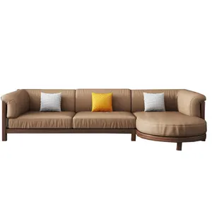 Walnut Series Khung Gỗ Rắn Khung Da Ghế Sofa Hình Chữ L Với Chaise Lounge Cho Đồ Nội Thất Phòng Khách