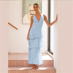 Nouvelle robe décontractée de fête élégante sans manches à col en V, robe longue à jupe en forme de gâteau de couleur unie pour femmes - Product Image 3