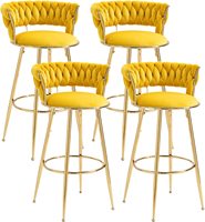 Tabouret de bar rétro en velours DM Factory, dossier tissé à la main, structure en métal doré, hauteur réglable, avec repose-pieds circulaire