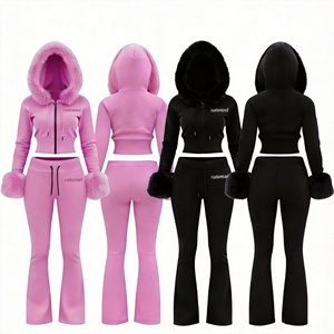 Completo da donna 2 pezzi: Felpa con cappuccio e pantaloni della tuta in cotone 360g con collo in pelliccia, tuta invernale personalizzabile con logo in strass, ideale per ragazze alte - Product Image 2