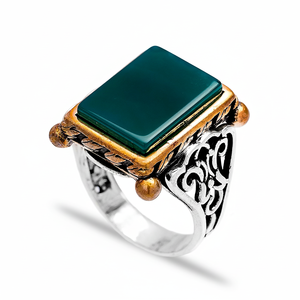 Ottoman Signet Design Square Cut Green Agate Gemstone Square Shape Authentic <b>Men</b> <b>Ring</b> Wholesale Handmade 925 Sterling <b>Silver</b> - Product Image 2