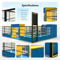 Kios Display Aksesoris Ponsel Modular Lengkap Warna Biru Kuning dengan Area Display Kaca Terbuka dan Panel High Gloss