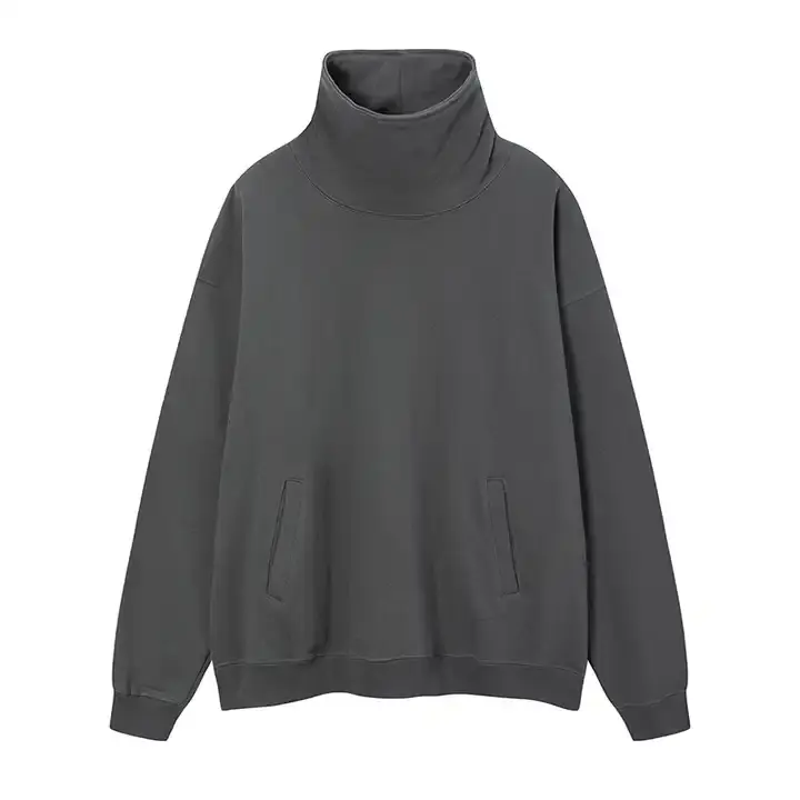 Großhandel Bio-Baumwolle Mock Neck Hoodie Gerippte Manschetten Sweatshirt ohne Kapuze Hoher Kragen Baumwolle grau Hoodie