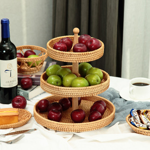 Trang Trại Mộc Mạc Trang Trí Nội Thất Tráng Miệng Cupcake Hiển Thị Đứng Bánh Mì Trái Cây Mây Dệt <span class=keywords><strong>3</strong></span> Tầng Phục Vụ Khay Mây Giỏ - Product Image 2