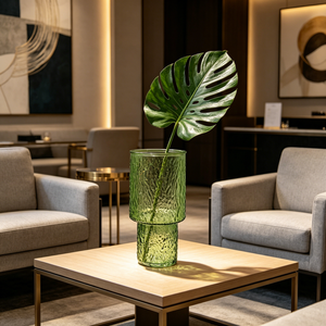 Vase en verre côtelé givré vert et jaune, vase à fleurs haut pour la décoration <span class=keywords><strong>de</strong></span> la maison et des tables <span class=keywords><strong>de</strong></span> mariage, vase à fleurs moderne en verre - Product Image 2