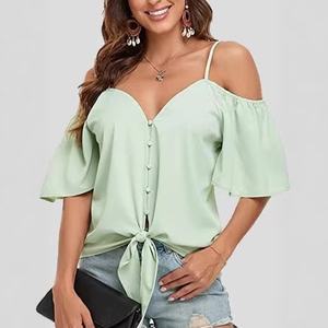 Camiseta sin Tirantes para Mujer, Estilo Casual, Cuello en V Profundo, Poliéster, Color Sólido, con Cordones, Elegante, Nueva Colección <span class=keywords><strong>de</strong></span> Verano - Product Image 3