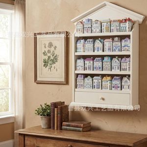 Wooden Vintage Spice Jar Rack 4 Layers <b>Wall</b> <b>Mounted</b> White Village Style Display <b>Shelf</b> Kitchen Storage Drawer Rack - Product Image 1