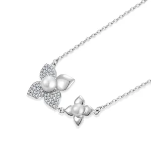 Original Women Fashion Jewelry New S925 Sterling Silver Flower Shape Beautiful White Freshwater Pearl Necklace For Girl
