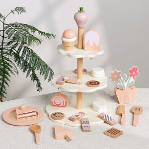Excellent ensemble de jeu en bois rose pour filles, idéal pour les fêtes de thé et les anniversaires, avec support à desserts - Product Image 1