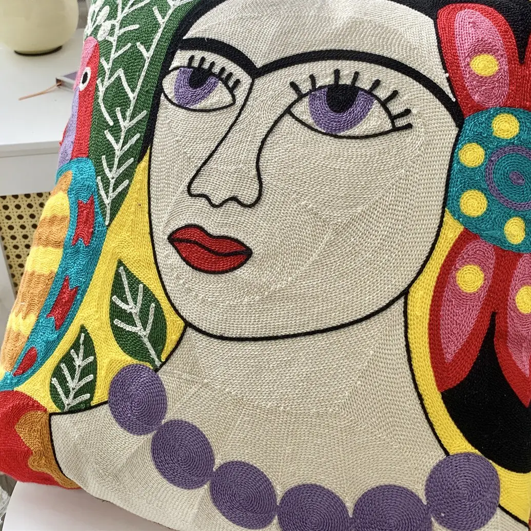 Almofada de algodão macio para desenho abstrato, capinha bordada de mão com desenho de animais, pintura de Picasso