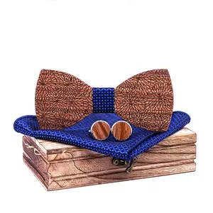 Amazon Vendita Calda di legno mestiere di legno bowtie con scatola di Legno/pocket piazza/gemelli legame di arco in legno Set