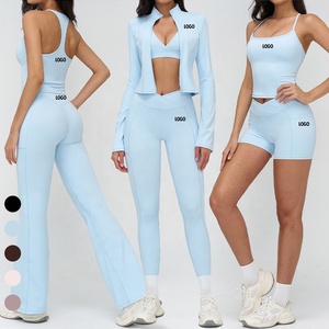 Completo Sportivo da Donna in Tinta Unita 6 Pezzi Abbinabili Liberamente Pantaloncini Yoga a Vita Incrociata <span class=keywords><strong>Leggings</strong></span> <span class=keywords><strong>con</strong></span> Tasche Top Halter Outfit da Allenamento - Product Image 1