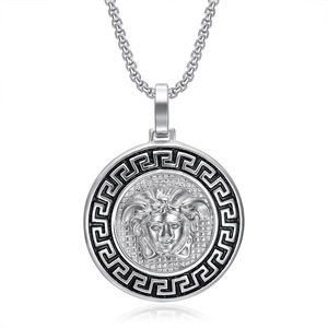 Collier pendentif en acier inoxydable plaqué or, plaque circulaire noircie, motif Grande Muraille, design mythologie grecque, lien pour enfants - Product Image 5