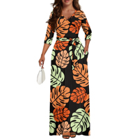 Robe longue décontractée de plage pour femme, imprimé tribal polynésien hawaïen, col en V, manches 3/4, ceinture, poches, grande taille