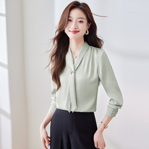 Women's Chiffon Blouse With Ribbon Tie Long Sleeve Work Shirt Elegant Office Wear - Product Image 3