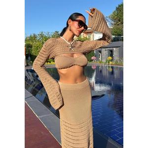 Ensemble trois pièces en tricot bohème pour femme, bustier ajouré, boléro, jupe, couleur moka, manches longues, respirant, style estival - Product Image 4
