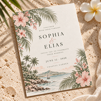Cartes d'invitation de mariage sur le thème côtier, cartes de mariage imprimées avec des motifs floraux tropicaux et des paysages marins en aquarelle, invitations de mariage sur la plage personnalisées