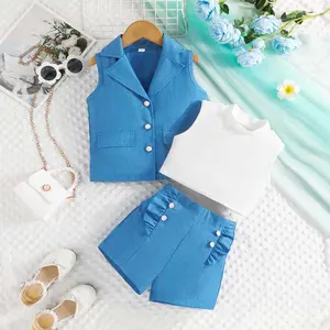 2024 Summer High Quality Korean Kids Clothes Solid Color Vest Sleeveless Blazer Shorts 3Pcs Wear Children Clothing Girls