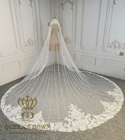 Voile de mariée QUEENS GOWN, magnifique voile cathédrale en dentelle appliquée, voile de mariée en dentelle perlée ivoire scintillant à une couche avec bordure en dentelle