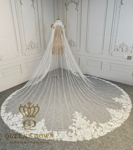 QUEENS GOWN Gorgeous Lace Applique Cathedral <strong>Veil</strong> <strong>Sparkling</strong> Ivory Beaded One-layer Wedding <strong>Veil</strong> with Lace Edge - Product Image 3