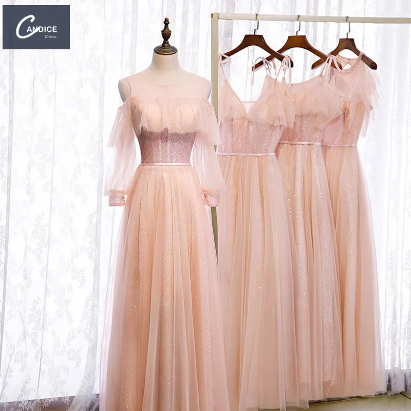 Candice Großhandel Alibaba Brautkleider Langarm A-Linie von der Schulter Hochzeits feier rosa Abschluss ball gewachsen