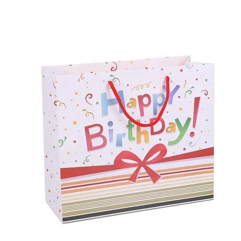 Kolları ile özel Desgin ambalajlama için kağıt torbalar beyaz kart mutlu doğum günü hediyesi çanta