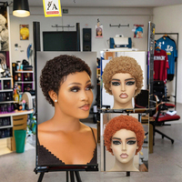 Perruques bouclées coupe pixie pour femmes, sans colle, 100% cheveux humains, brun clair 99J, boucles afro Jerry, longueurs étirées 4 pouces