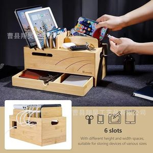Wooden Storage Box Rectangle Desktop Organizer 2 Layer Mobile Phone <b>Tablet</b> <b>Charger</b> Holder Home Office Use - Product Image 2