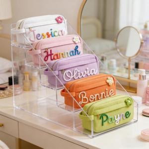 Trousse de Maquillage Personnalisée en Velours Côtelé avec Nom Tissé, Grande Capacité, Sac à Crayons Couleur Unie avec Poignée - Product Image 2