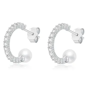 Pearl Hoop Earrings with Zircon 925 Sterling Silver Pearl Jewellery for Women Girls