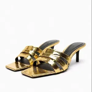 H158-439 ZA Custom Design New Summer Elegant Women Heeled Slippers comfortable Ladies Gold Heels Sandals Cheap Price New Slipper