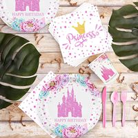 Ensemble de décorations de fête d'anniversaire de princesse de 194 pièces pour 24 personnes, comprenant des serviettes, des gobelets, une nappe, des couverts, une bannière et des chapeaux