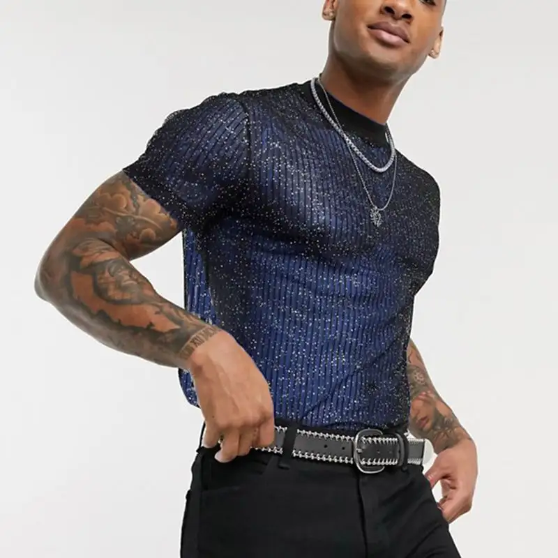 Sexy Mens Mesh Clubwear T Shirts Super Soft Mesh Undershirt See-Through Breathable Men T-Shirt Sexy Tops Dance Wear