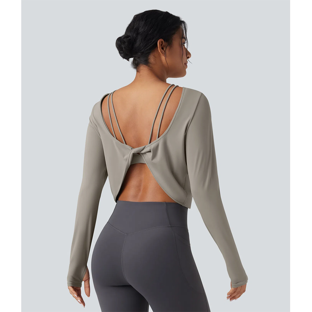 ODM/OEM Women's QuickDry Backless Twist-back Long Sleeve Thumb Holes 2-in-1 Yoga Sports Top Cropped Fitness Active Shirt