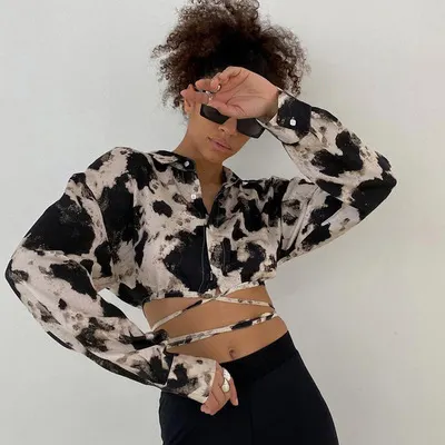 Leopard Women Shirt 2021 Long Sleeve Backless Bandage Vintage Print Summer Blouse Femme Short Top Chic Streetwear Sexy Crop Top