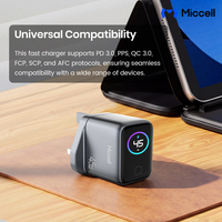 Chargeur rapide Miccell Type C 45W GaN USB C, chargeurs de téléphone avec prise UK, écran d'affichage de charge TFT, adaptateur universel haute vitesse