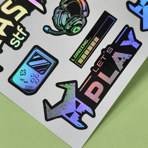 Feuille d'autocollants personnalisés holographiques en vinyle découpé à la forme, thème dessin animé/anime, en PET/PVC, avec paillettes holographiques, imperméable, à découpe kiss-cut - Product Image 1