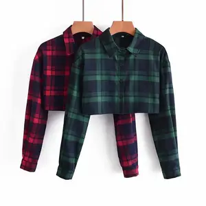 Klaar Om Vallen Kleren Fashion Slanke Rode Groene Plaid Korte Vrouwen Lange Mouwen T-shirts